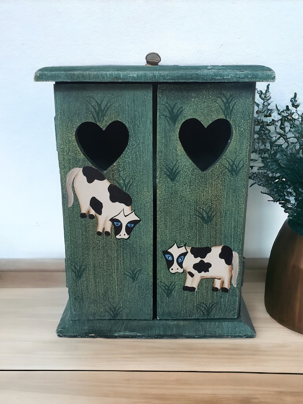 Vintage Wooden Handpainted Key Holder Box With Cows